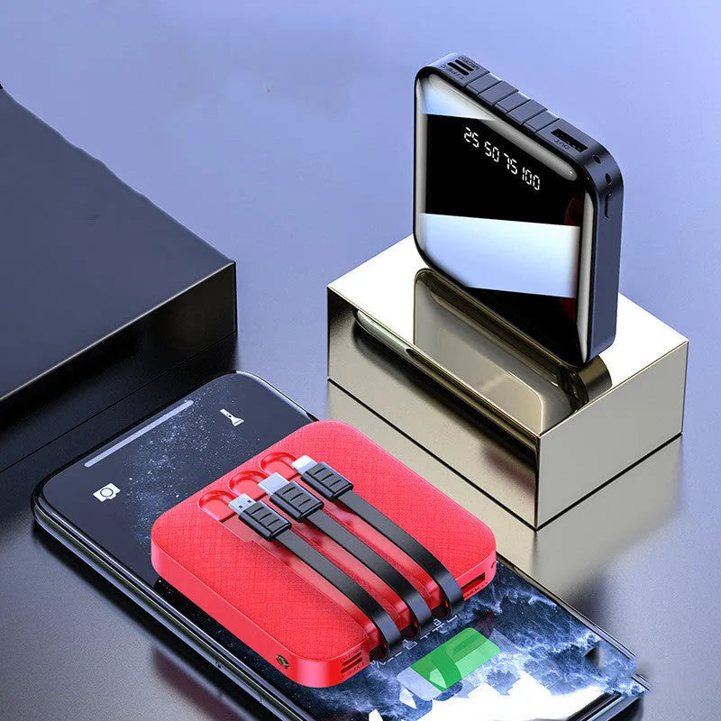 Mirror three-wire power bank with built-in cable in black or red, showing 80mm dimensions
