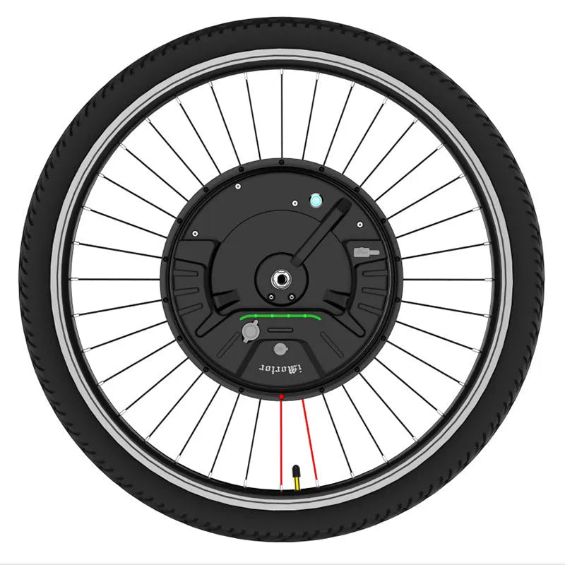 Yunzhilun 26 inch bicycle electric conversion kit showing hub motor wheel, lithium battery pack, and charger