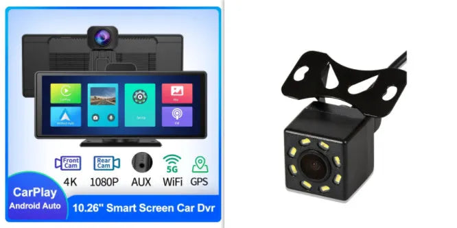 Black 10.26-inch touch screen car DVR with front and rear camera for dual recording.