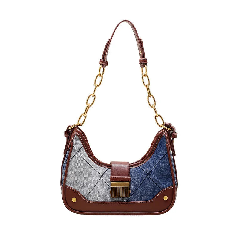 Brown denim women's shoulder bag with diamond mesh detail and double chain shoulder straps
