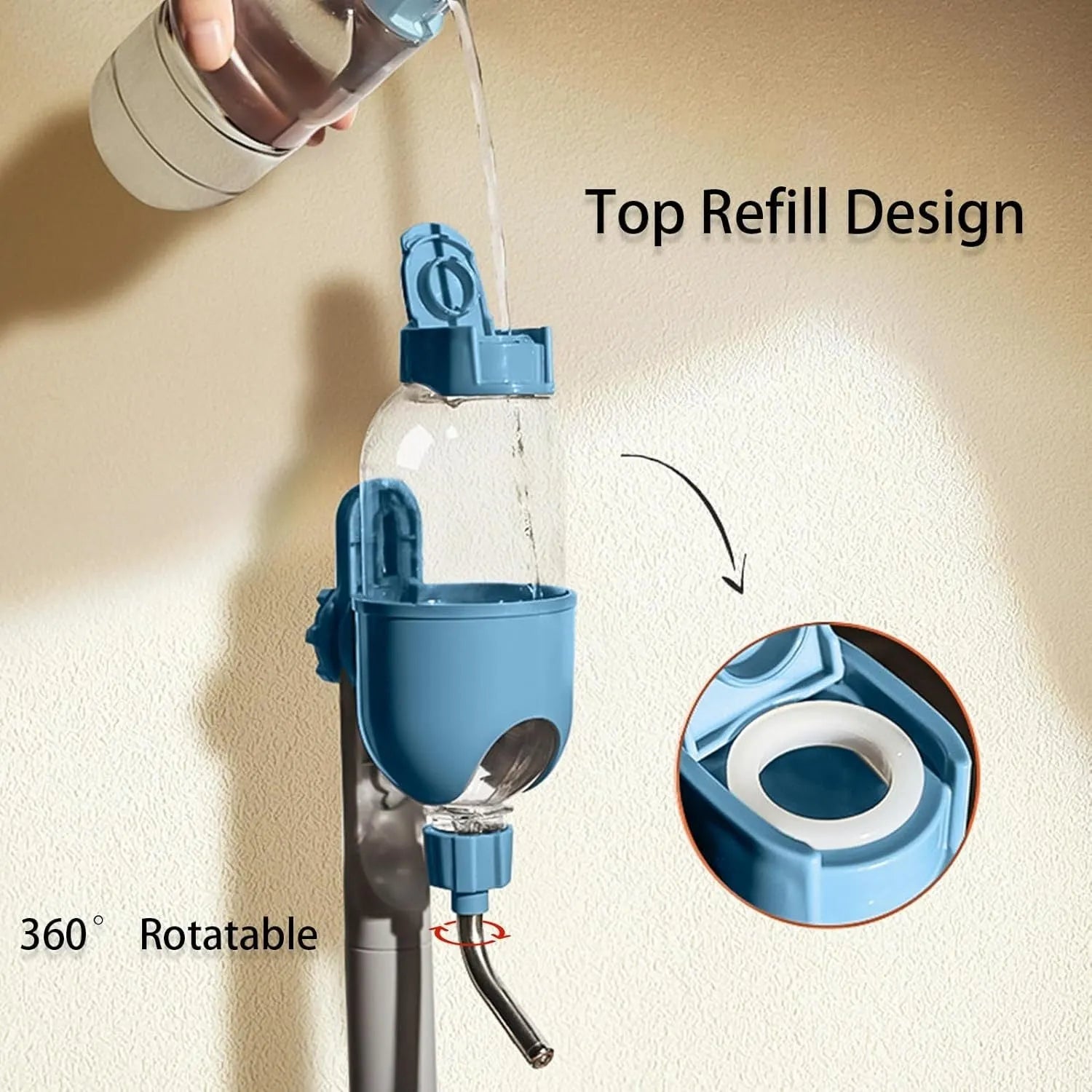 Blue small animal water bottle with rotatable nozzle attached to a cage, showing 500ml capacity.