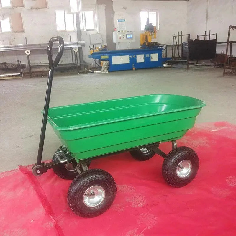 Green four-wheel plastic dump truck with steel frame and 940mm length body