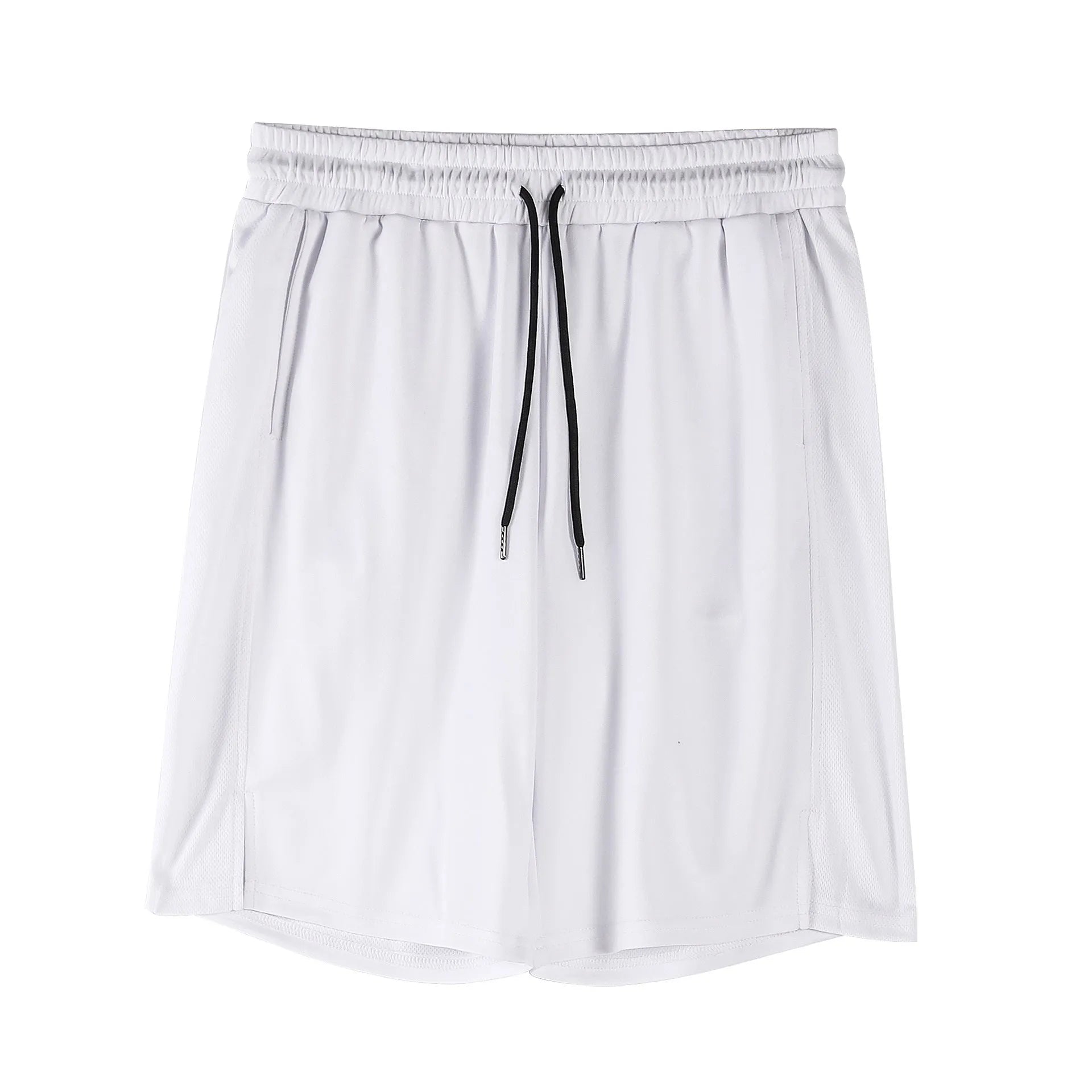 Man wearing black loose-fit quick-dry mesh fitness shorts with an elastic waistband.