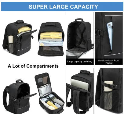 Water repellent Derm outdoor travel computer backpack in black with airpillow straps, 36-55L capacity