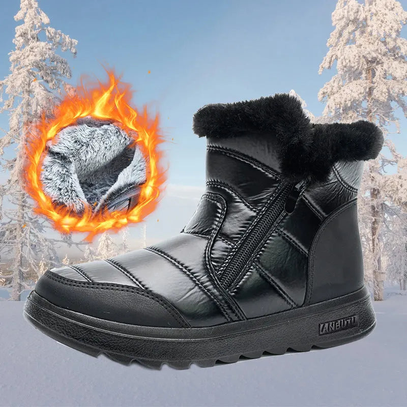 Women's fur winter snow boots with side zipper, high top, round toe, flat heel, available in black red silver