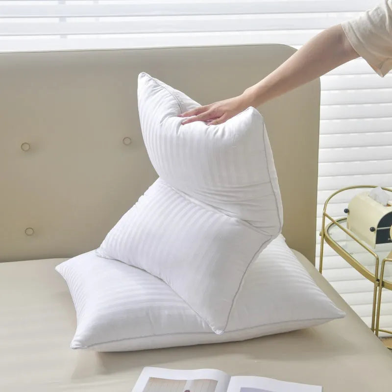 White cotton satin stripe pillow with feather cotton filling showing size options.