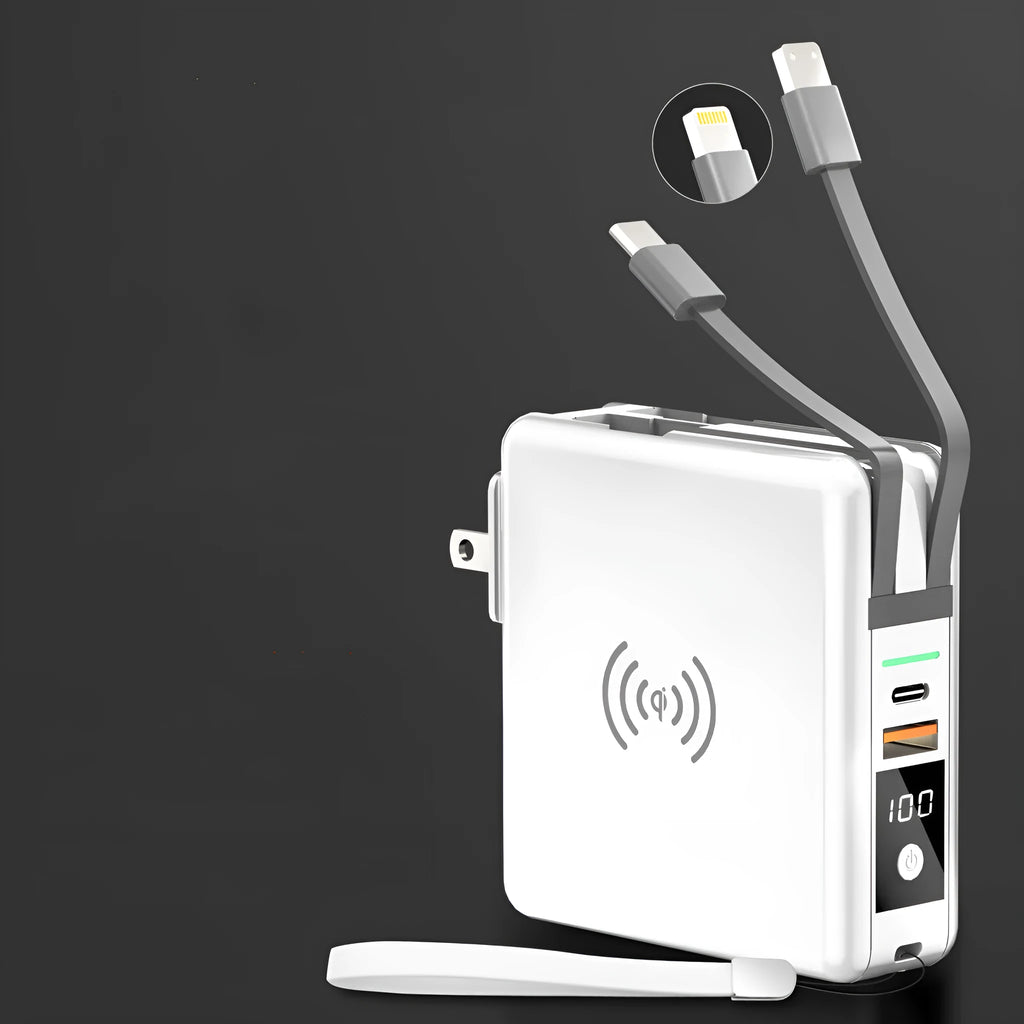 PD20W fast power bank with Super QI wireless charging and 4-in-1 international plug adapter in black colour