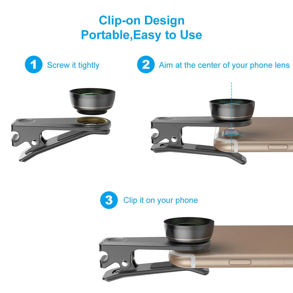 Black aluminium 6-in-1 smartphone camera lens kit with fisheye, macro, wide-angle, telephoto, CPL and star filters
