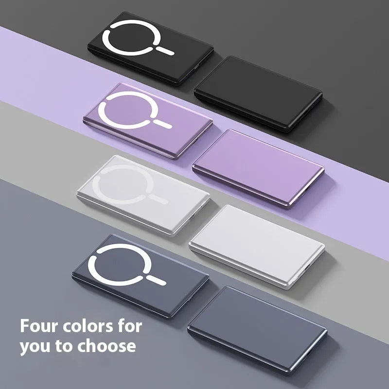 Ultra-thin dark gray magnetic power bank next to an iPhone, showing its slim 9mm profile and magnetic attachment.
