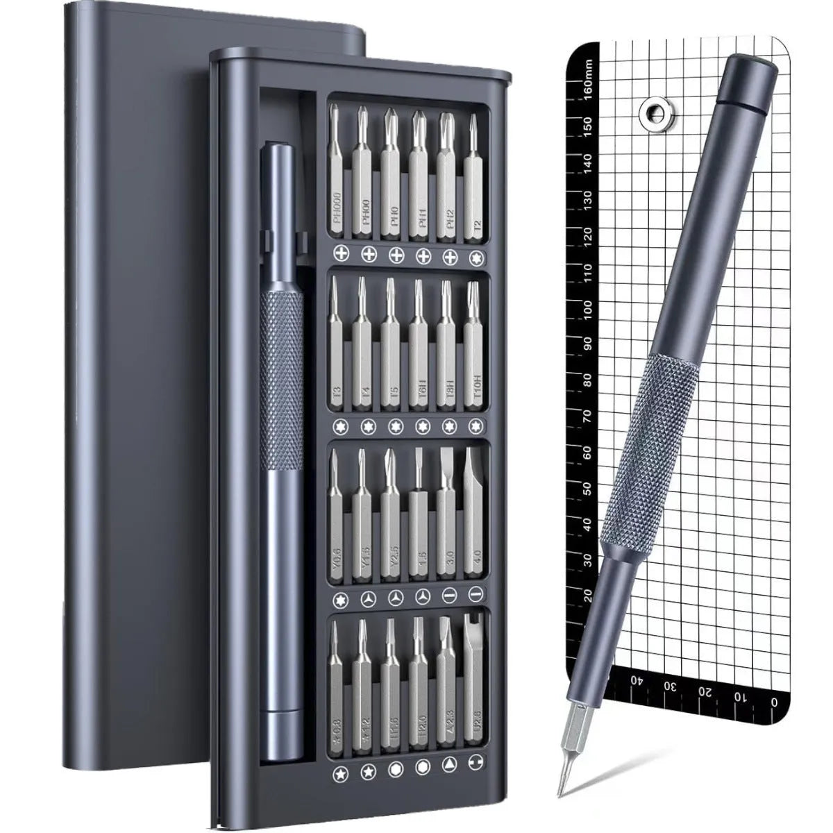 25-in-one magnetic precision screwdriver set with knurled ABS handle and chrome vanadium steel bits.