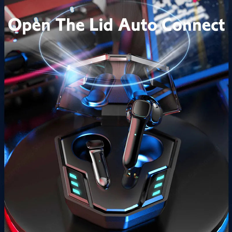 Wireless gaming headset with minimalist design showing dimensions and Bluetooth connectivity