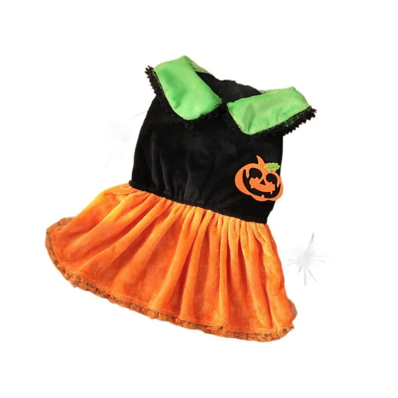 Halloween pumpkin skirt pet costume for small dogs in crystal velvet fabric