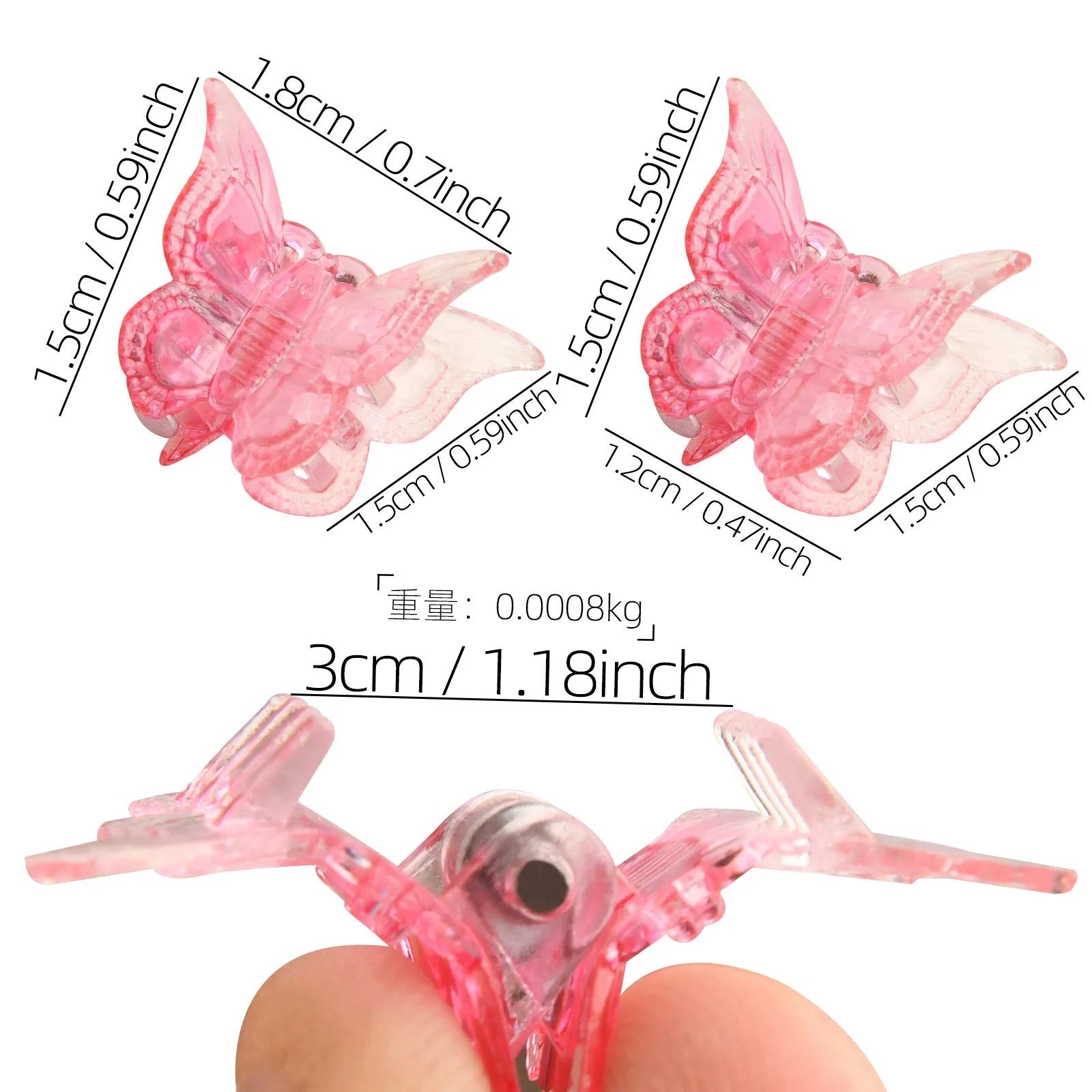 Set of 50 glitter mini butterfly-shaped hair claw clips in assorted colours on a white background.