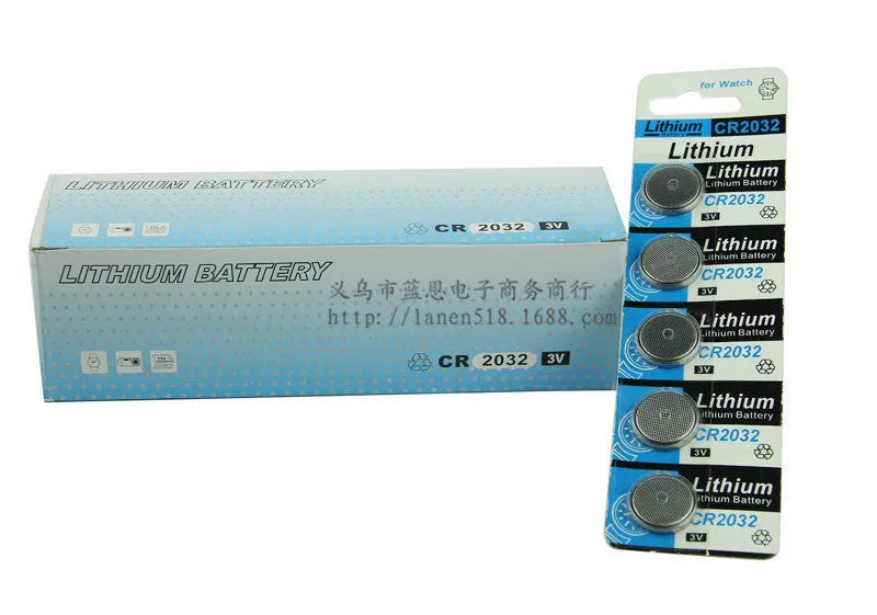 Pack of ten CR2032 3V lithium button coin cell batteries on a card.