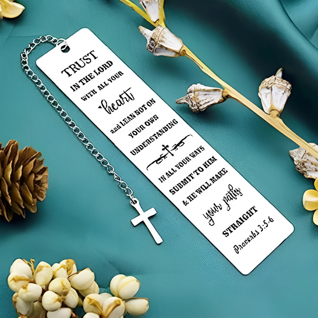 Stainless steel bookmark with engraved family bible verse text in CFS5170 colour