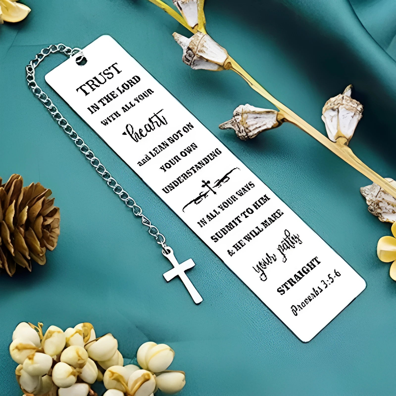 Stainless steel bookmark with engraved family bible verse text in CFS5170 colour