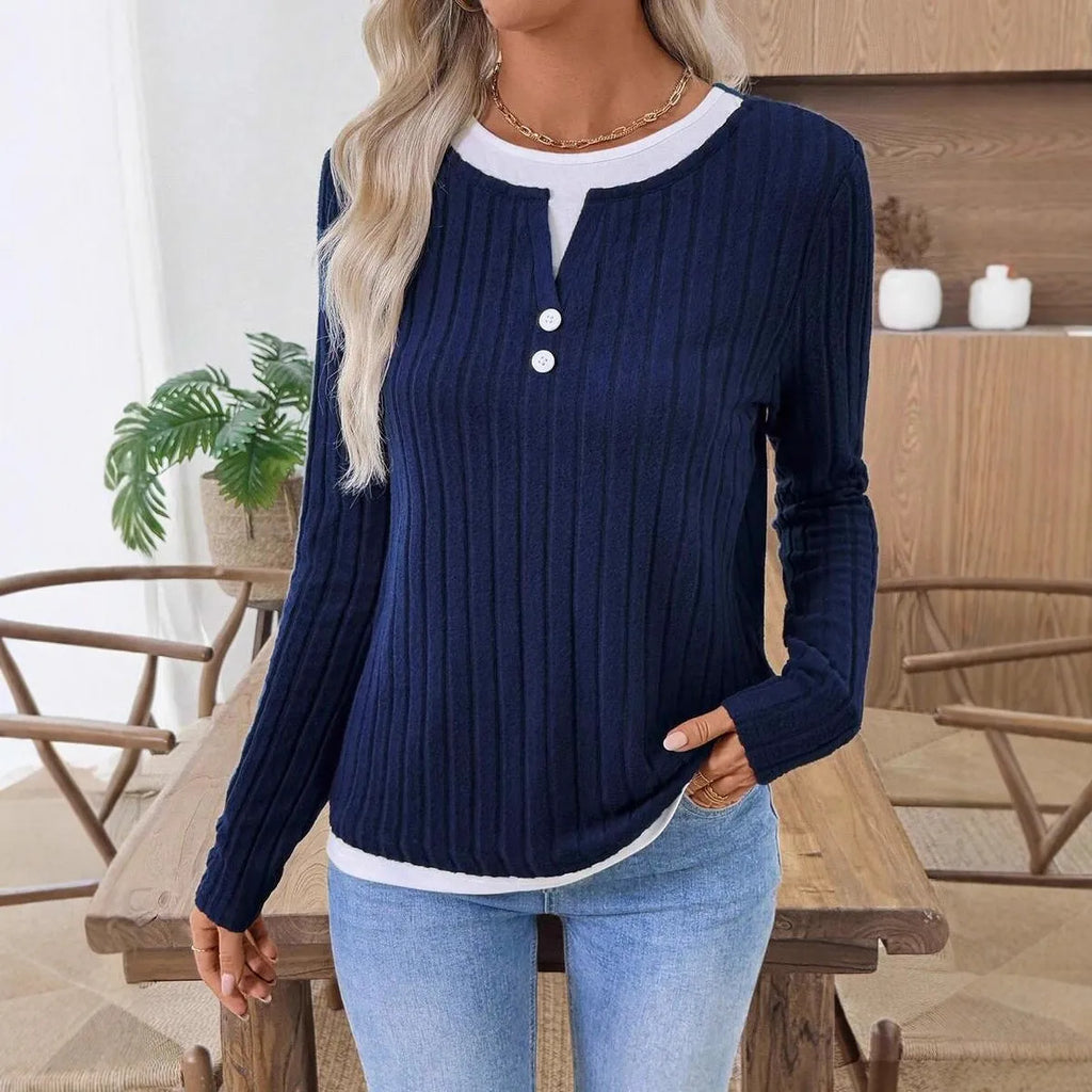 Women's concave stripe polyester pullover sweater in street fashion style with round neck