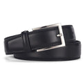 Men's classic black genuine leather belt with a silver-toned alloy pin buckle on a flat surface.