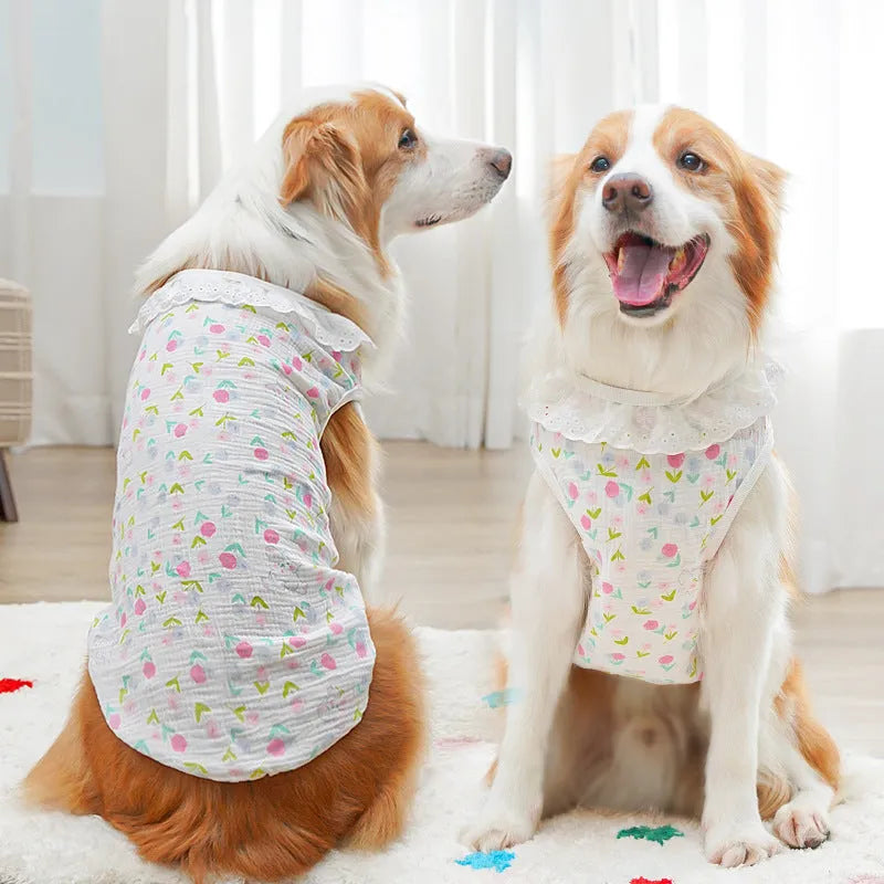 Pets all-cotton yarn breathable thin dog cat clothing in flower bud rabbit pattern on white background