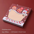 Christmas sticky notes pad with Santa Claus, elf, gift, sled, snowman, bear, house, and crystal ball designs