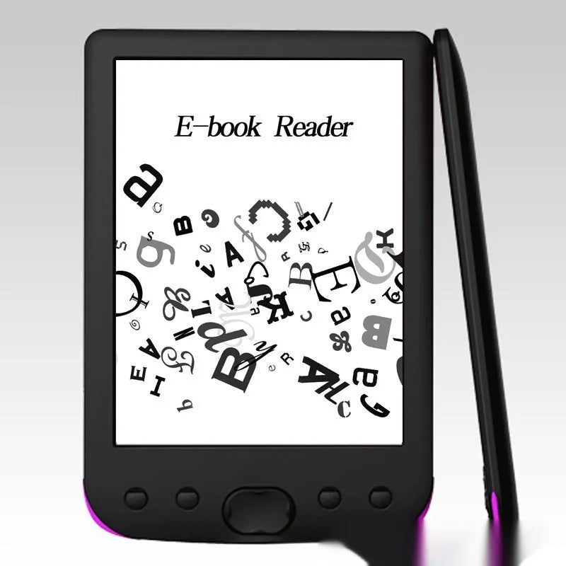 Black 6-inch E-ink e-book reader on a table showing a page of text.