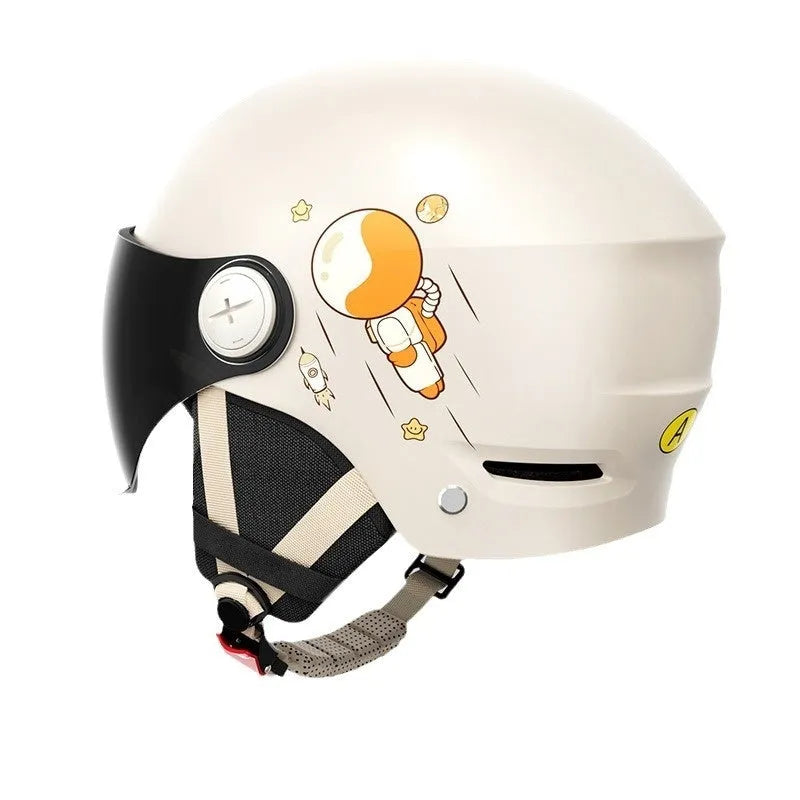 Khaki electric motorcycle half-helmet with ABS construction shown in free size for adult commuting