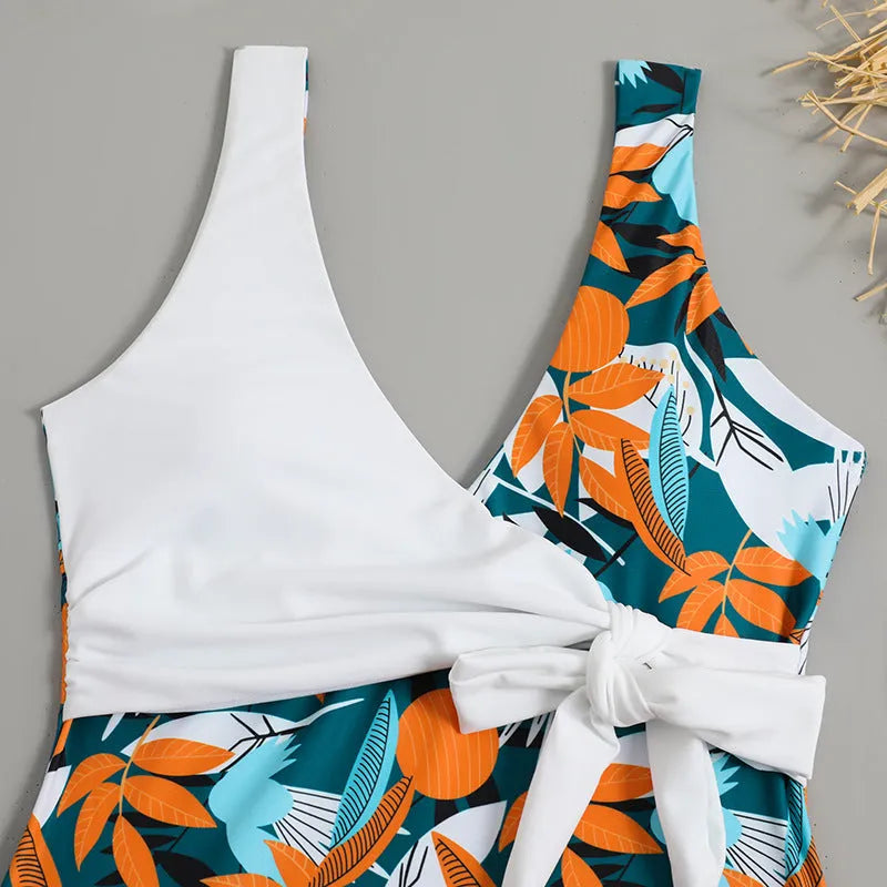 Women's high waist one-piece swimsuit with printed pattern in quick-drying polyester fabric