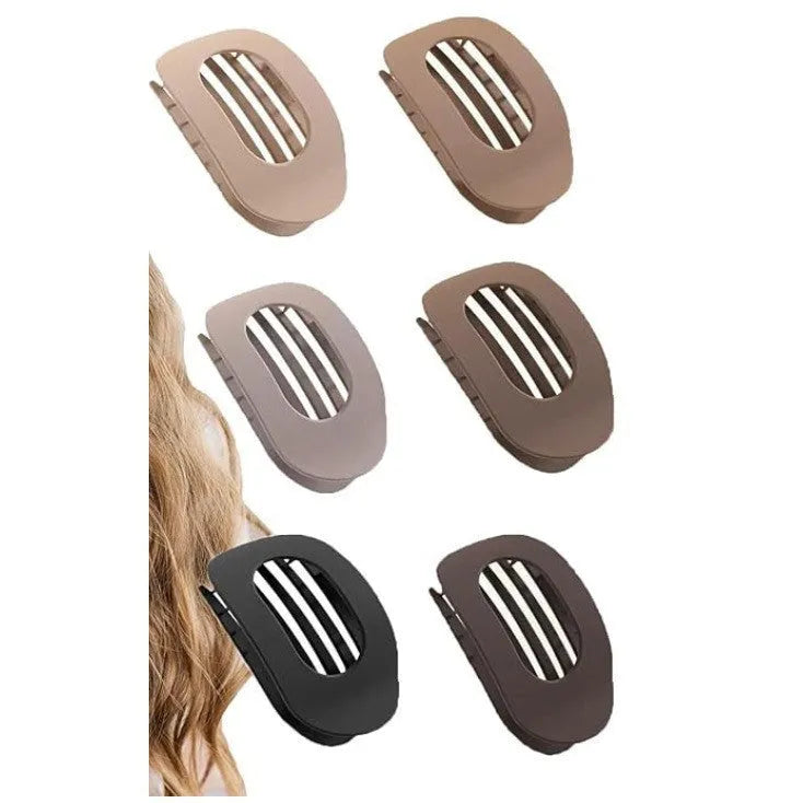 Six rose red plastic hair clips with frosted grip surface and quadrilateral shape