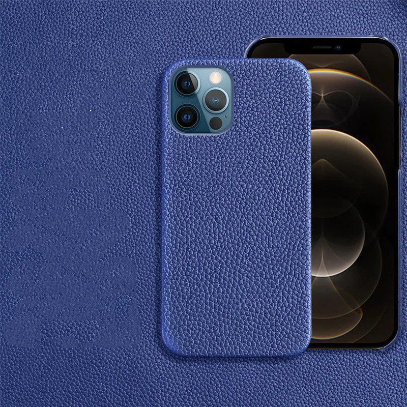 Genuine leather protective iPhone case in a simple style with half line breaks, shown in one of nine available colours.