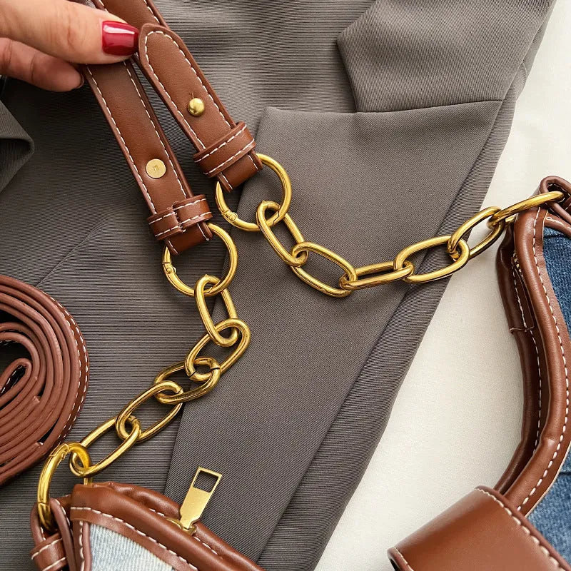 Brown denim women's shoulder bag with diamond mesh detail and double chain shoulder straps