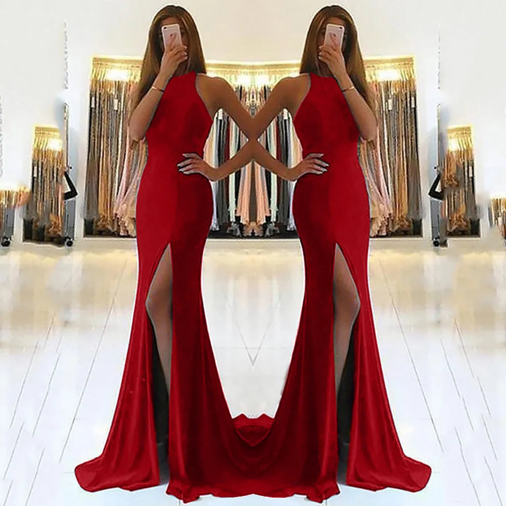 Long red ladies evening dress with high waist and large swing skirt