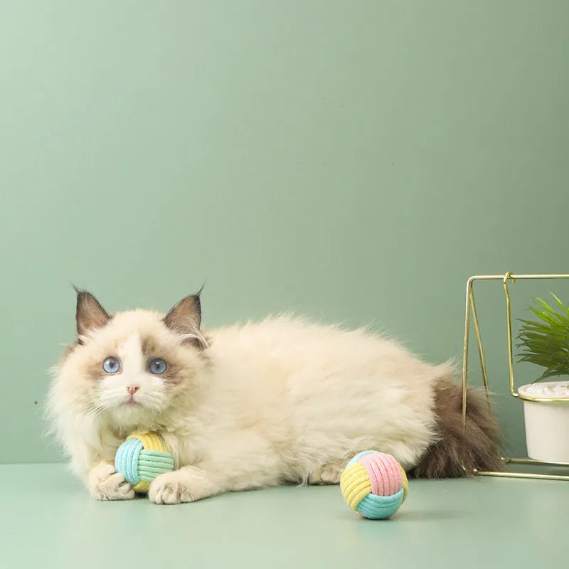 Handmade cotton plush ball cat chew toy measuring 5cm in diameter with textured surface