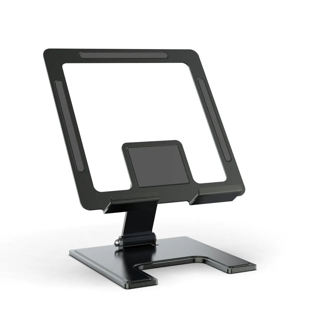 Flat black metal foldable notebook bracket with rotating base on a wooden desk