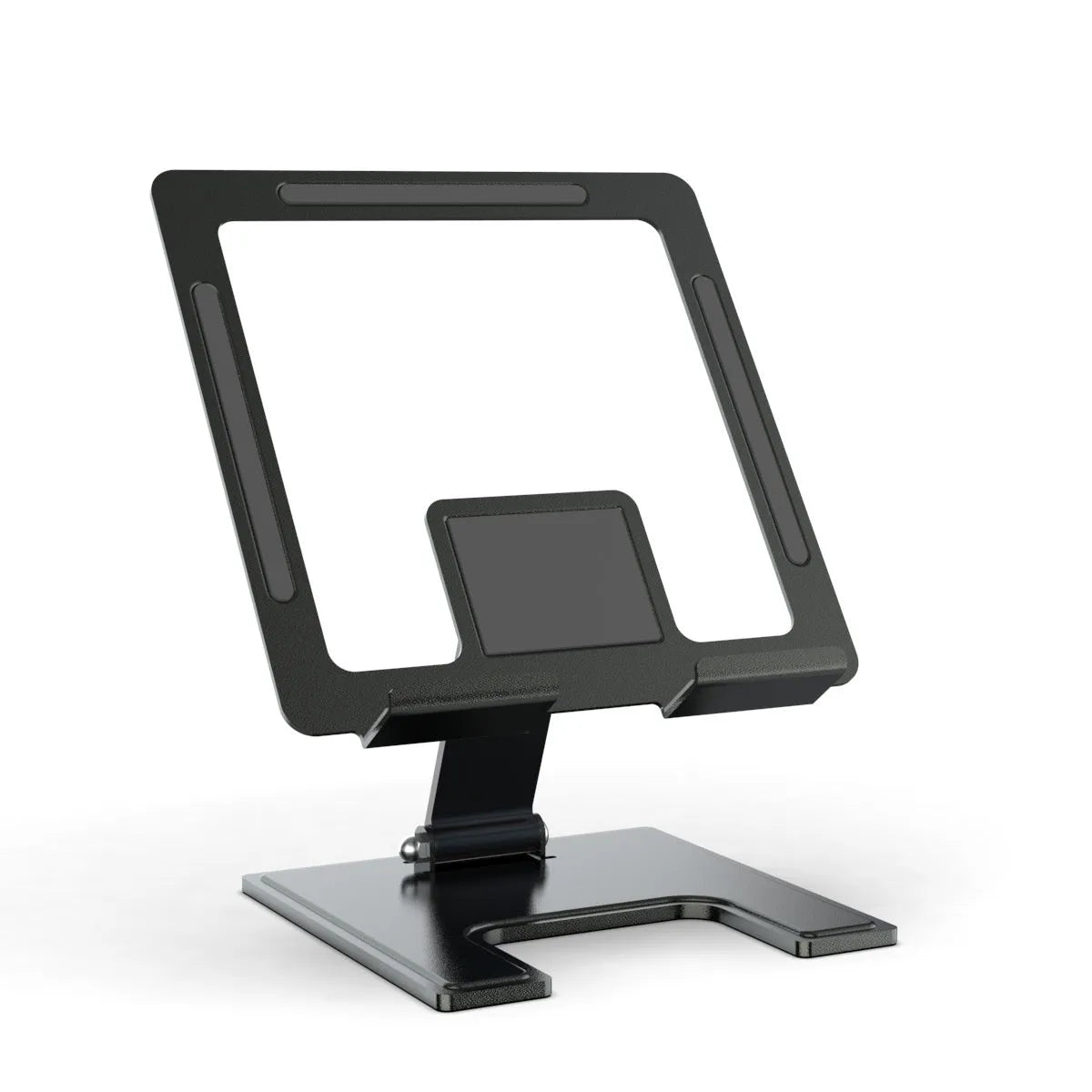 Flat black metal foldable notebook bracket with rotating base on a wooden desk
