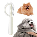 Blue dinosaur-shaped self-cleaning pet grooming brush with double-sided stainless steel pins on a white background.