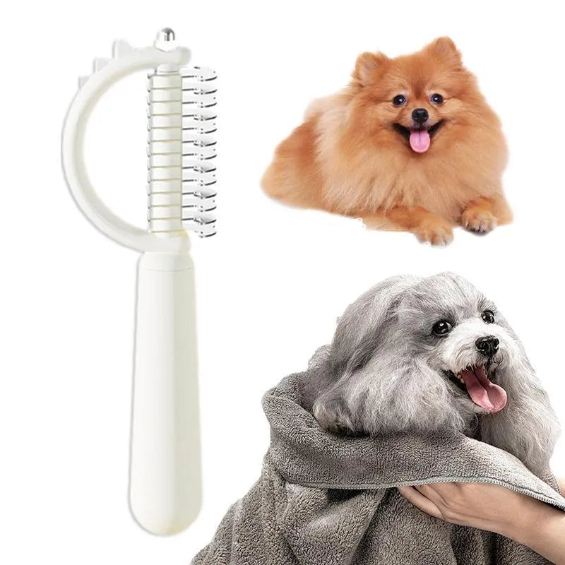 Blue dinosaur-shaped self-cleaning pet grooming brush with double-sided stainless steel pins on a white background.
