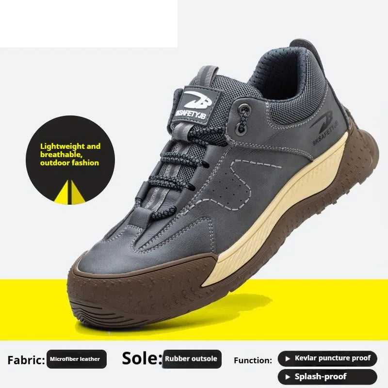 Leather upper work shoes with rubber sole and flyknit detailing, shown in available colours.