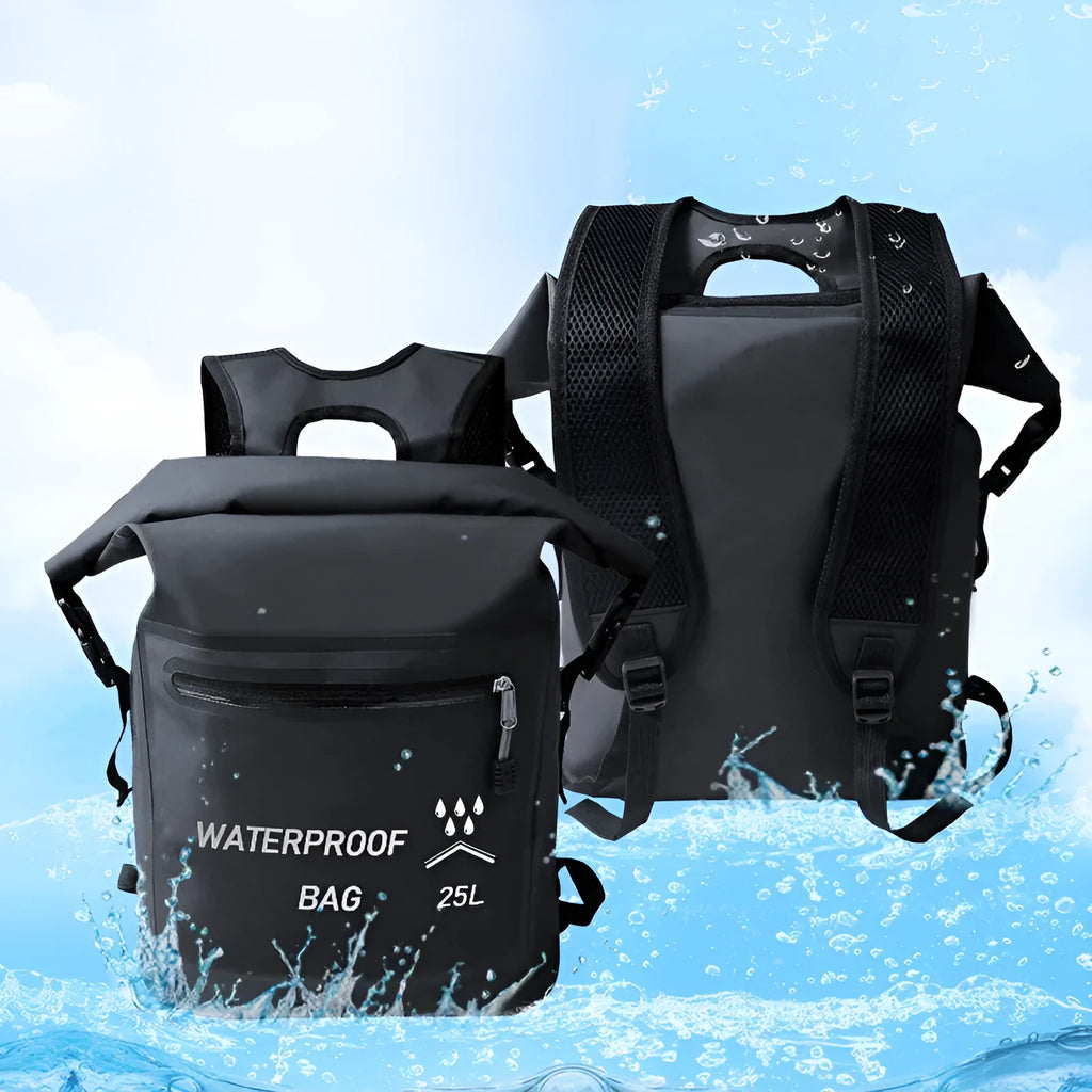 Black 25-litre waterproof outdoor backpack with mesh clips for rafting and swimming.