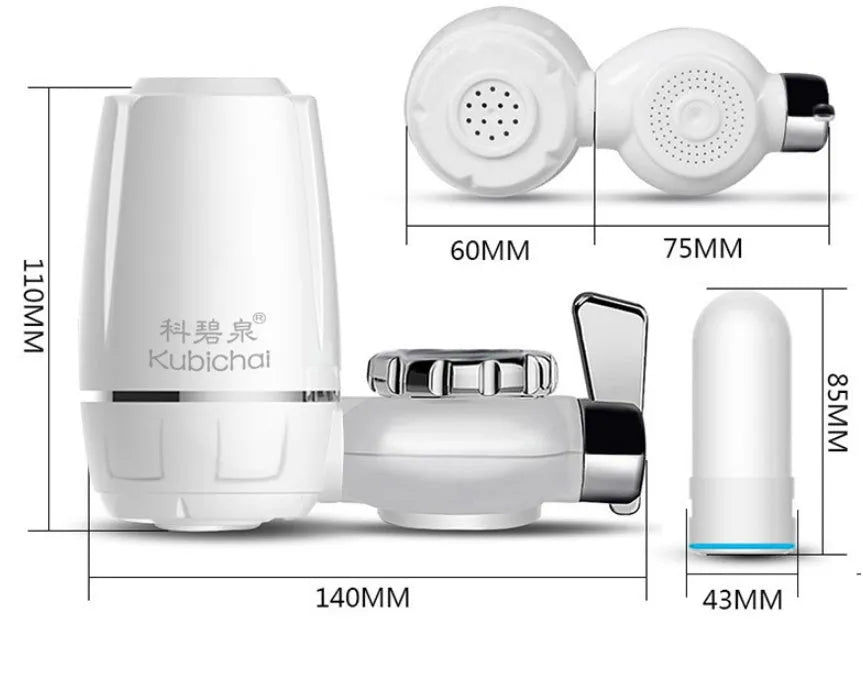 White plastic kitchen tap water filter with universal adapter and ceramic cartridge