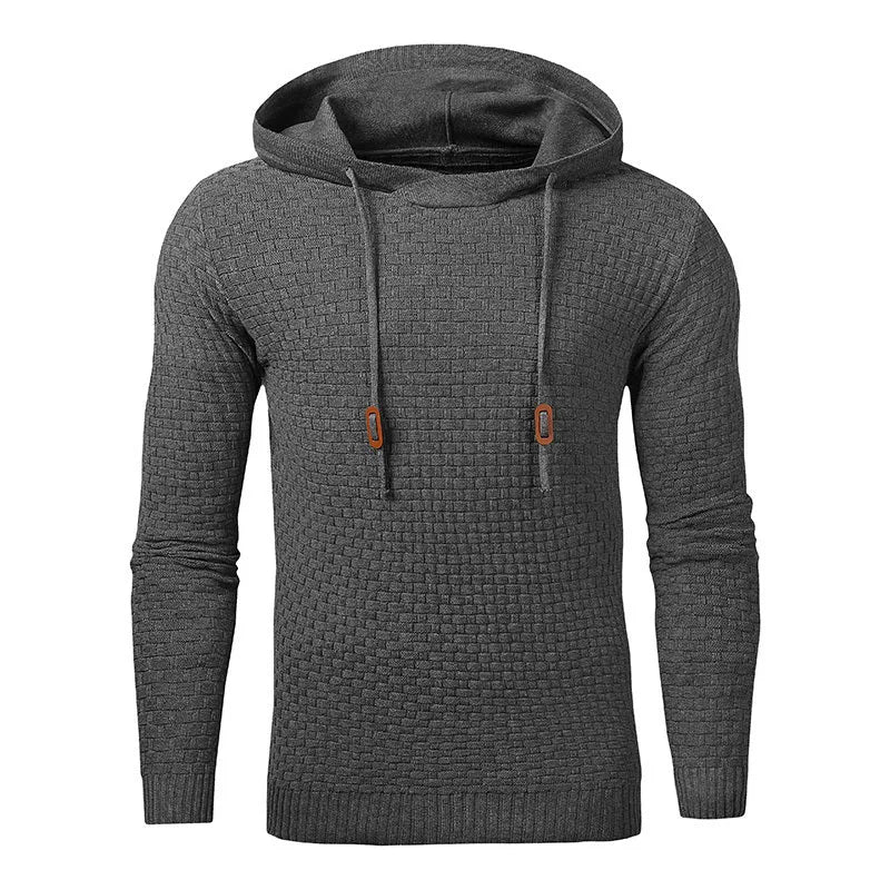 Men's grey cotton-polyester blend hoodie sweatshirt on a hanger.