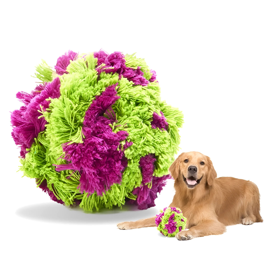 Purple plush dog ball toy with seaweed knot texture for chewing and interactive play