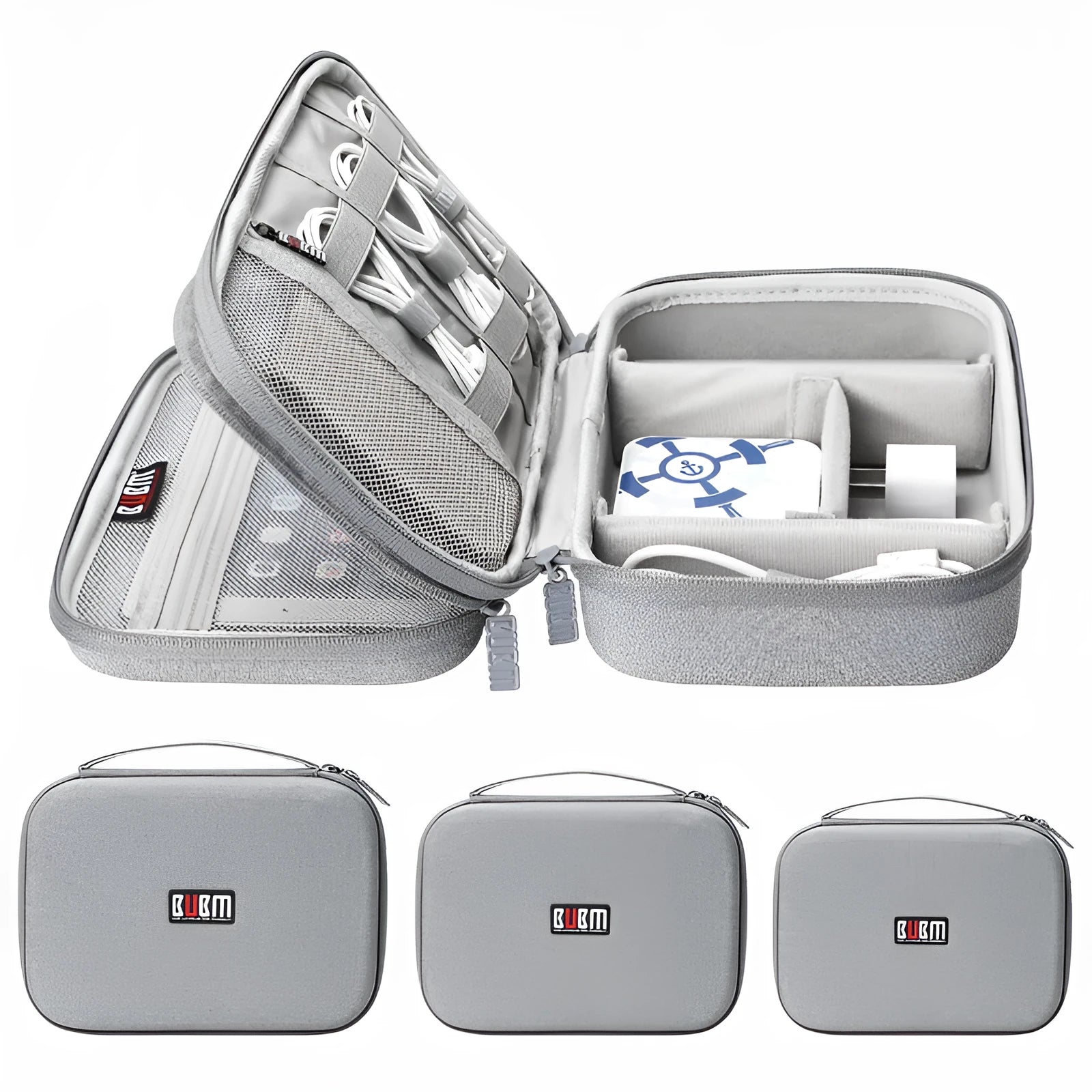 Black and grey EVA digital storage bags showing single layer and double layer internal designs for headset organisation.