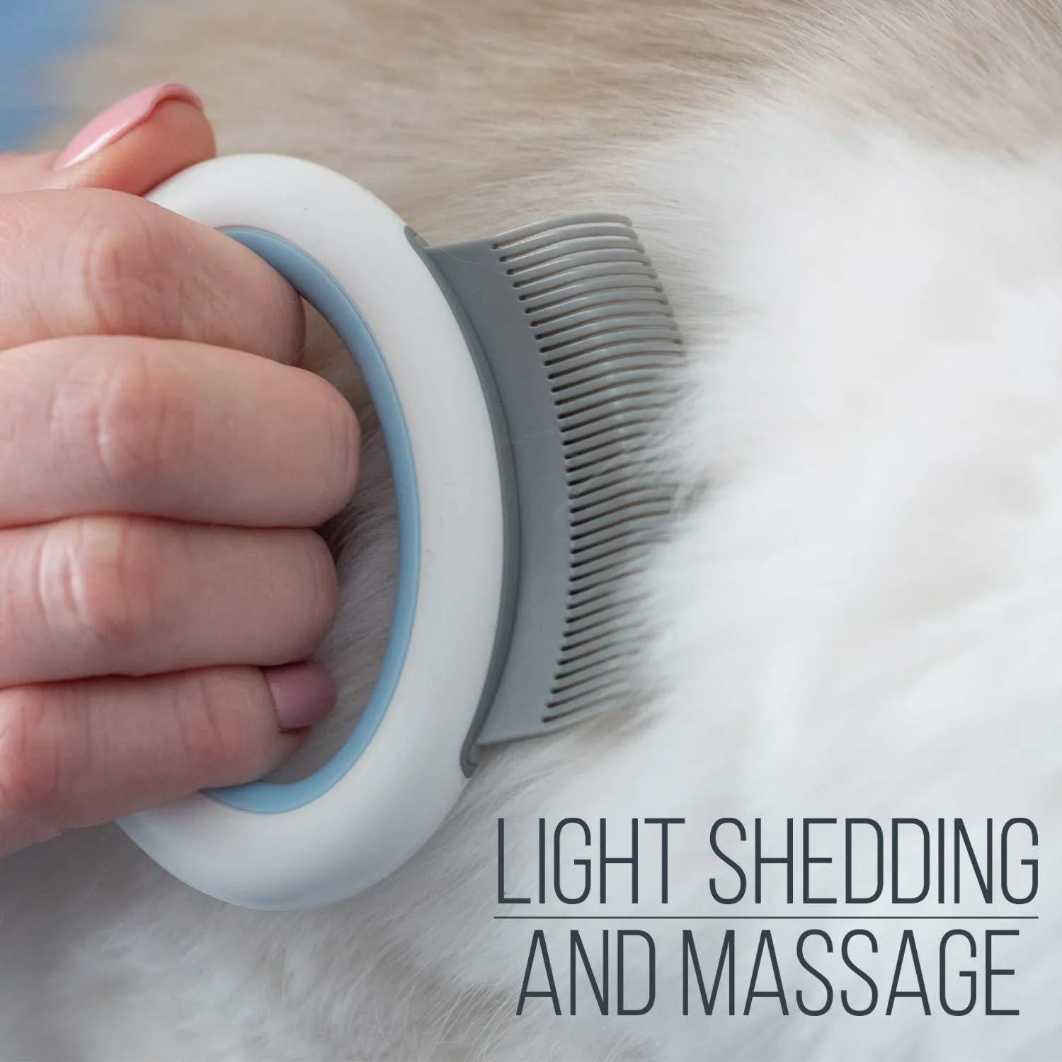 Blue pet grooming comb with soft teeth and ergonomic handle for deshedding cats and dogs.