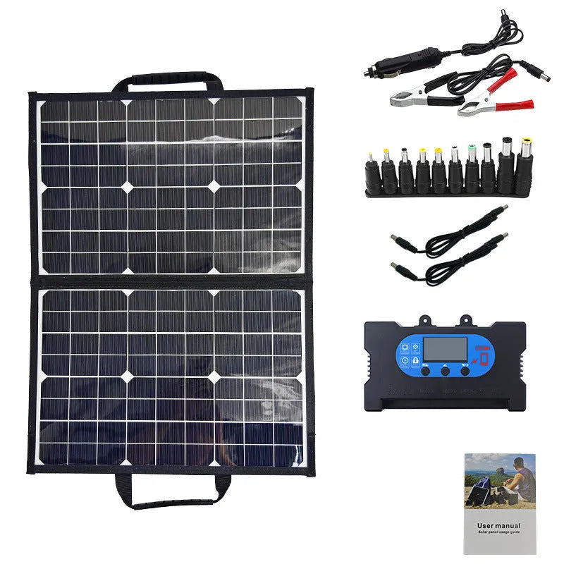 Black foldable solar charger bag showing 40W single crystal panel, folded to compact size for camping.