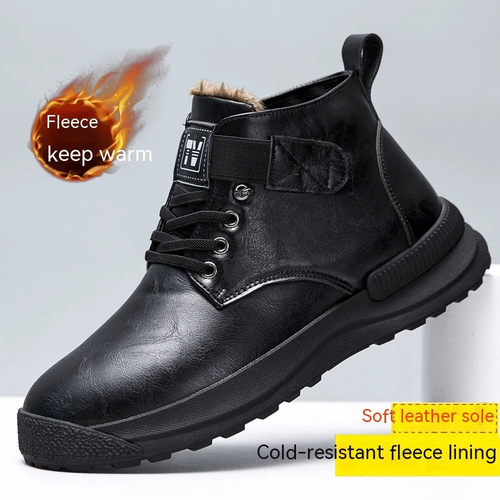 Men's black high-top platform Martin boots with artificial PU upper and rubber sole.