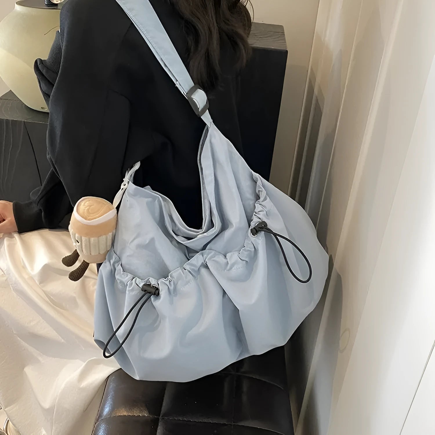 Ultra-light pleated crossbody student cloth bag in beige with split pocket and strap