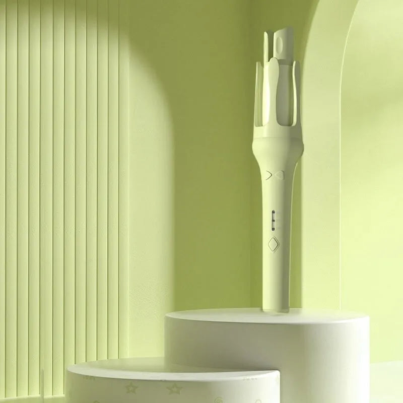 White and purple automatic hair curler with 32mm barrel and international plug adapters