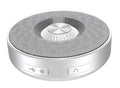 Compact wireless Bluetooth speaker shown in black, orange, and silvery white colour options