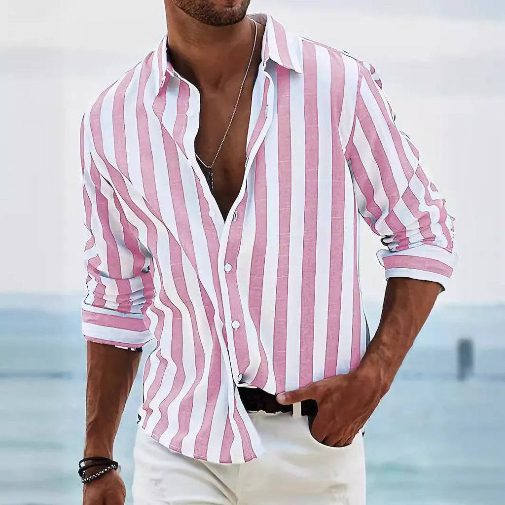 Men's loose-fit striped casual long-sleeved shirt in British cardigan style, shown in a selection of colours.