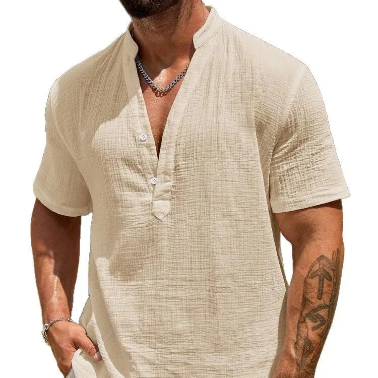 Men's solid colour short sleeve casual shirt with stand collar in polyester blend fabric